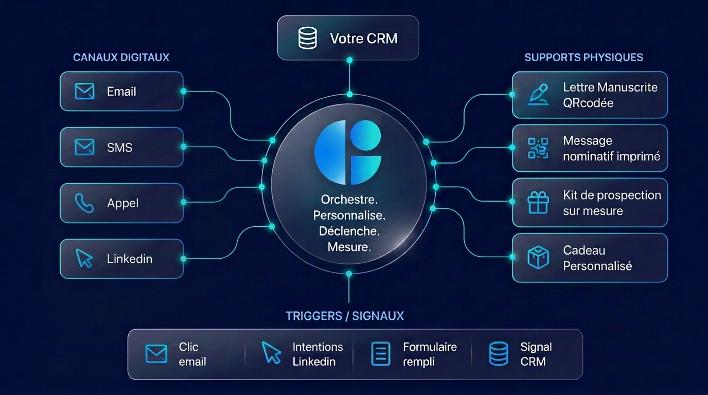 Schéma d'orchestration Gainly : canaux digitaux et supports physiques autour du CRM